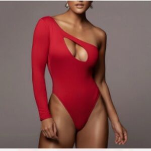 JLUXLABEL Red One-Shoulder Bodysuit